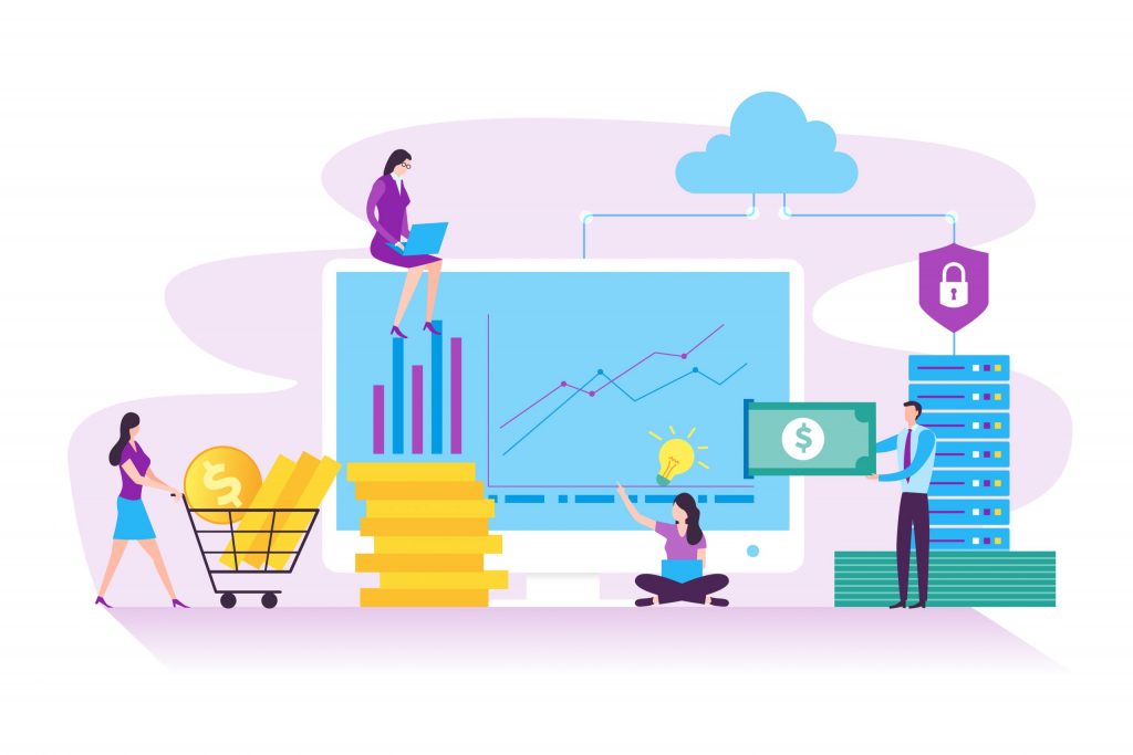 Illustration of online business investment, FinTech and digital finance concept in modern flat design. Illustration for landing page, web page, business presentation, marketing and infographic