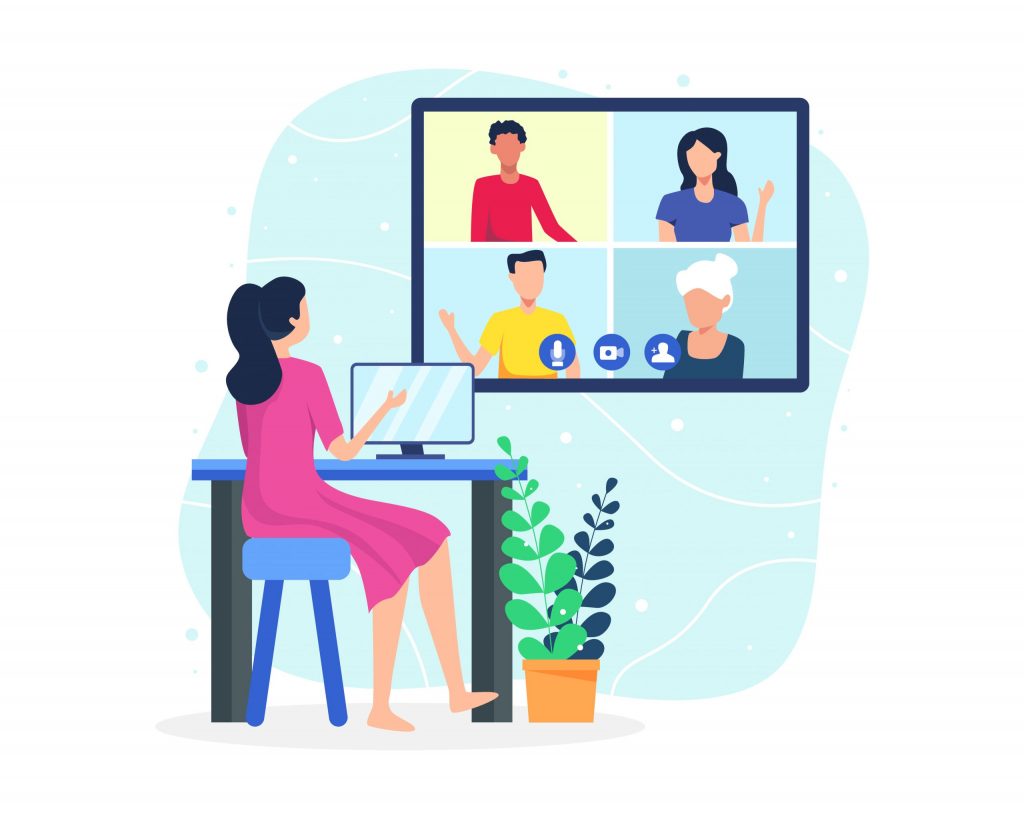 Vector illustration Video conference concept. People on computer screen taking with colleague. Video conferencing and online meeting workspace. Vector in flat style